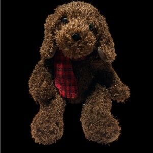 Russ Berrie Brown Dog Plush Toy 6” Sparkle Fur Red Plaid Scarf Bean Bag Soft Toy